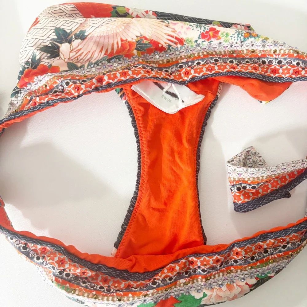 Camilla Womens Crystal Embellished Boho Crane Print Side Tie Bikini Bottom XS
